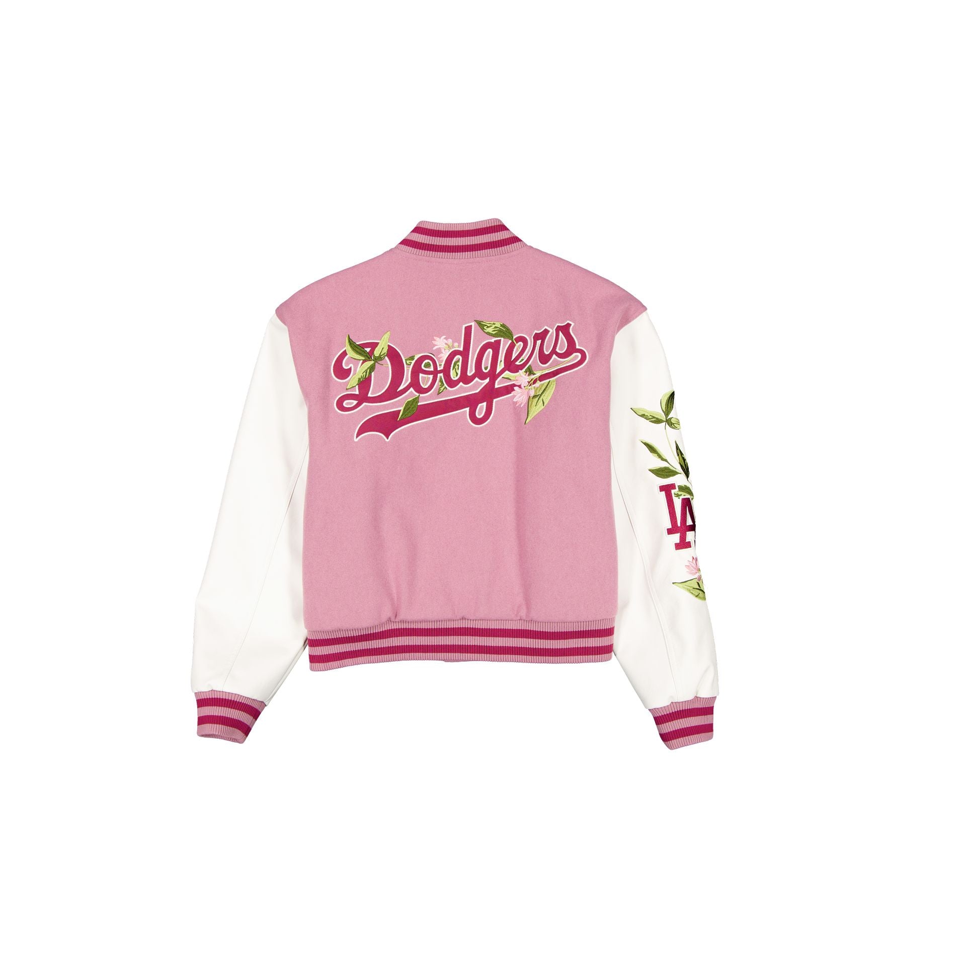 Los Angeles Dodgers Women's Cosmetic Pink Floral Varsity Jacket - Image 2